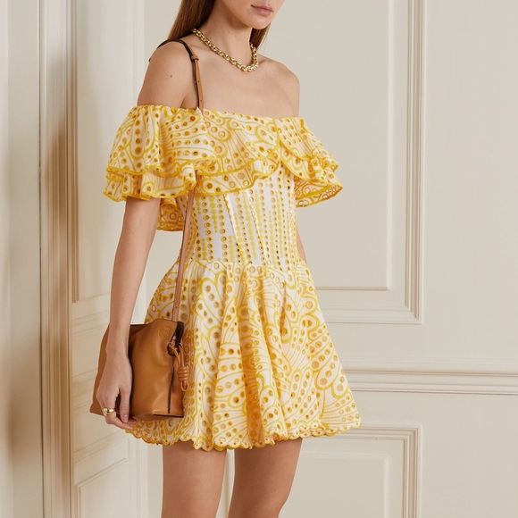 LoveShackFancy Dresses & Skirts - NWT Charo Ruiz Dalia yellow off the shoulder ruffled broderie mini dress